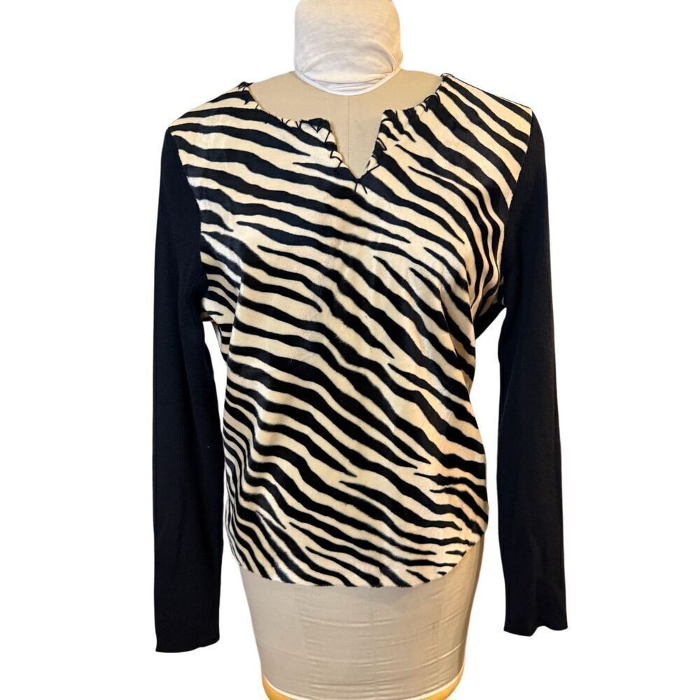 Carole Little Zebra Print Sweater Black Sleeves Sz. XL